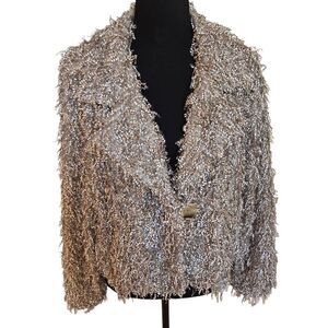 Vintage Picadilly Canada Womens Cropped Fuzzy Fringe Jacket Taupe Size Small